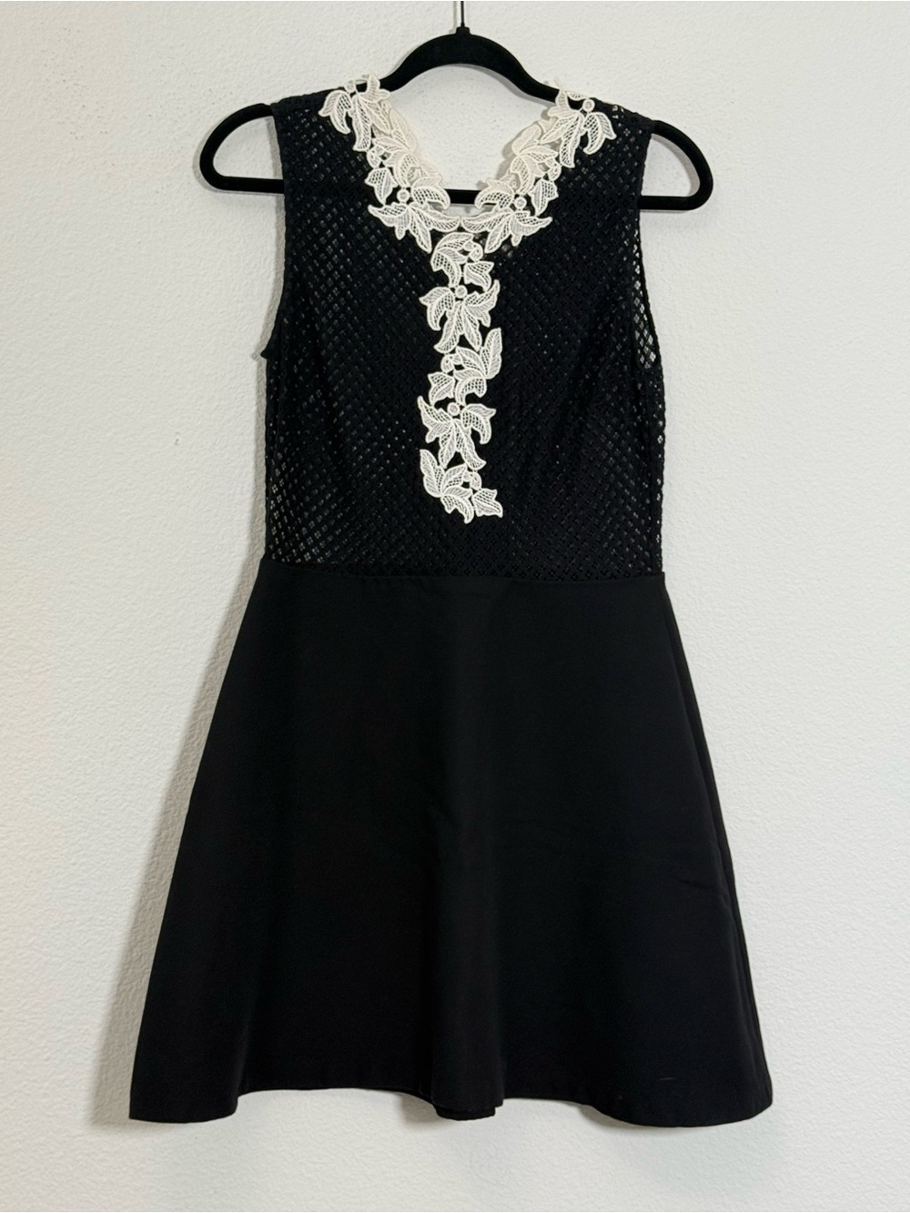 Sandro Paris Black Lace Fit & Flare Dress Contrast Crochet Trim Size S